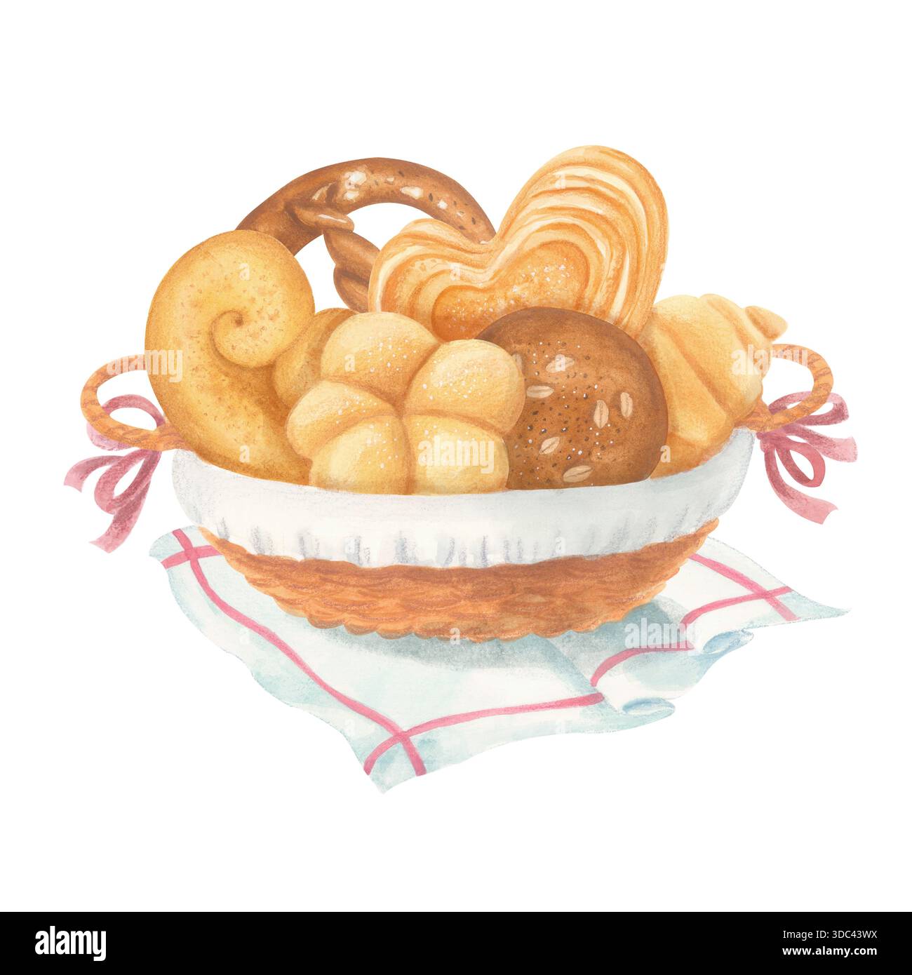 Korb mit Backwaren mit Serviette, Aquarellillustration. Stockfoto