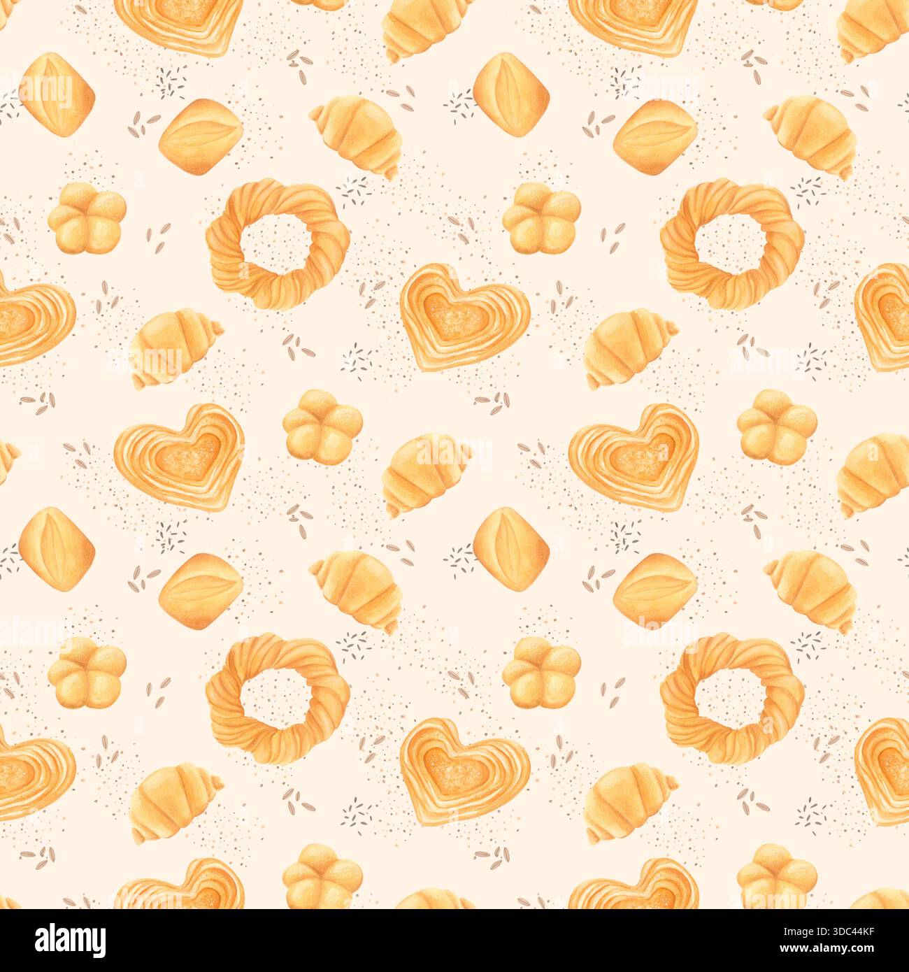 Nahtloses Aquarellmuster mit Gebäck in gemütlichem handgezeichnetem Stil, isoliert auf hellem Hintergrund. Stockfoto