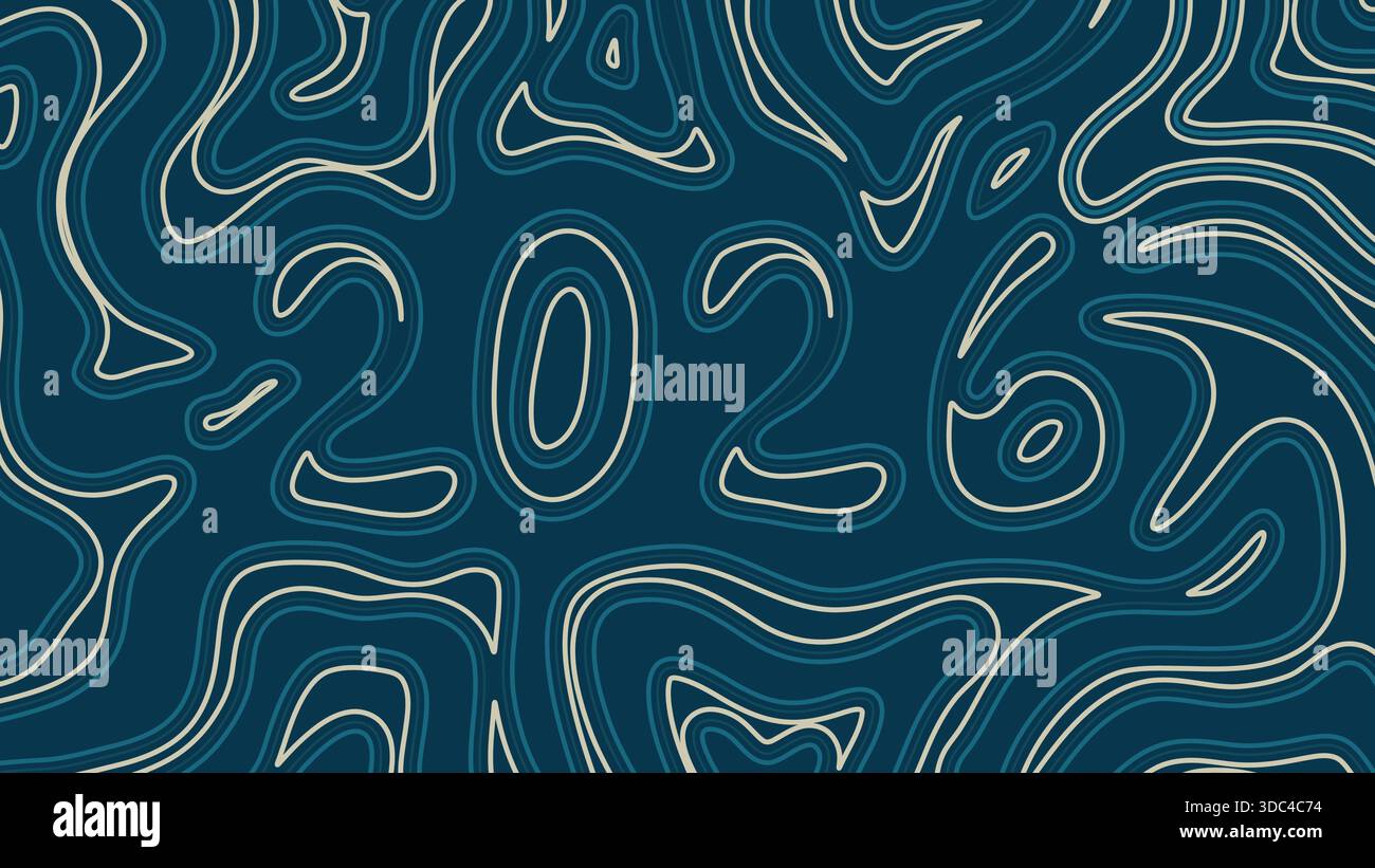2026 Abstrakte Goldlinie Topographie Karte Kontur Blauer Hintergrund Neujahr. Vektorabbildung Stock Vektor