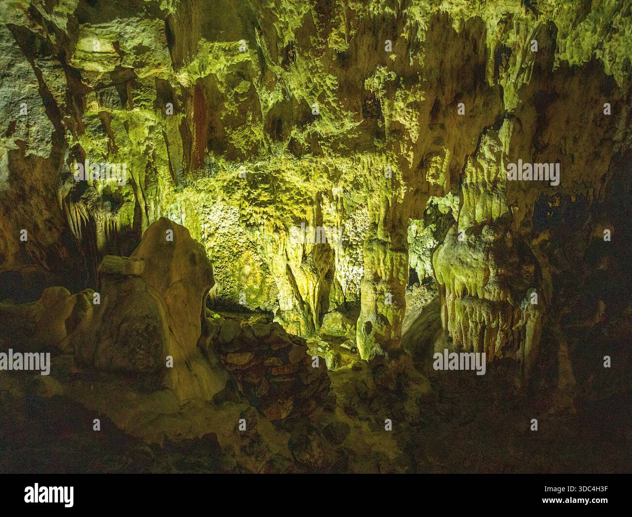 Ein atemberaubender Blick von innen auf die berühmte beleuchtete Saeva Dupka Höhle im Balkangebirge, Bulgarien, mit spektakulärer Natur Stockfoto