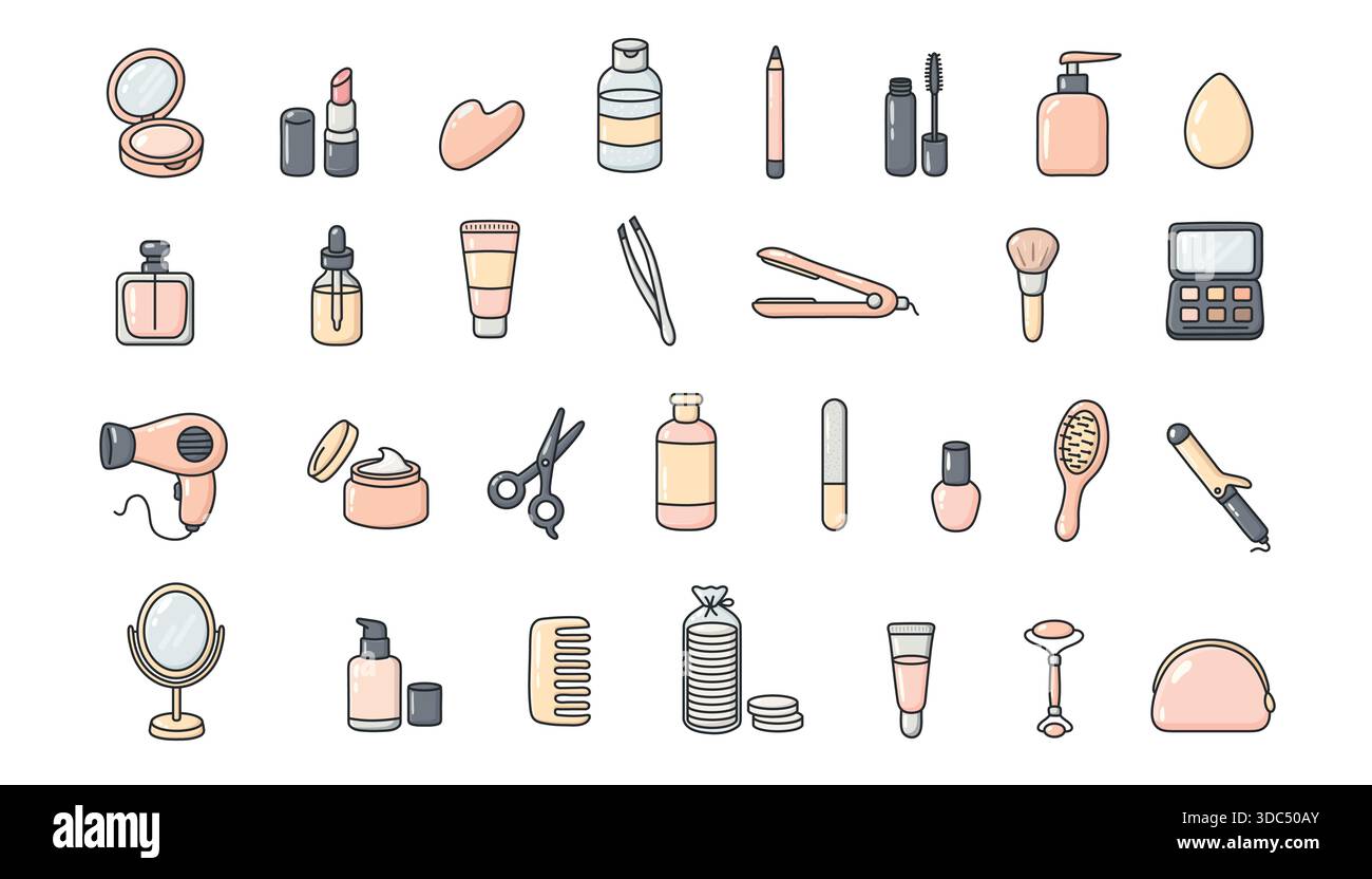 Set mit 30 Pastellkritzeleien in einem klaren, illustrierten Stil. Enthält Make-up, Hautpflege und Selbstpflegeartikel. Perfekt für Web, Apps und soziale Medien Stock Vektor