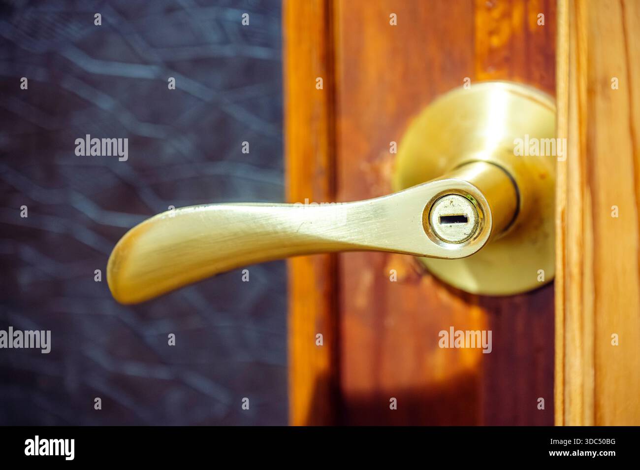 Türgriff aus Messing mit sichtbarem Schlüsselloch an der Holztür, Nahaufnahme symbolisiert Sicherheit, Zugang und Privatsphäre für den Eingang zu Hause oder im Büro, klassische Metallbefestigung Stockfoto