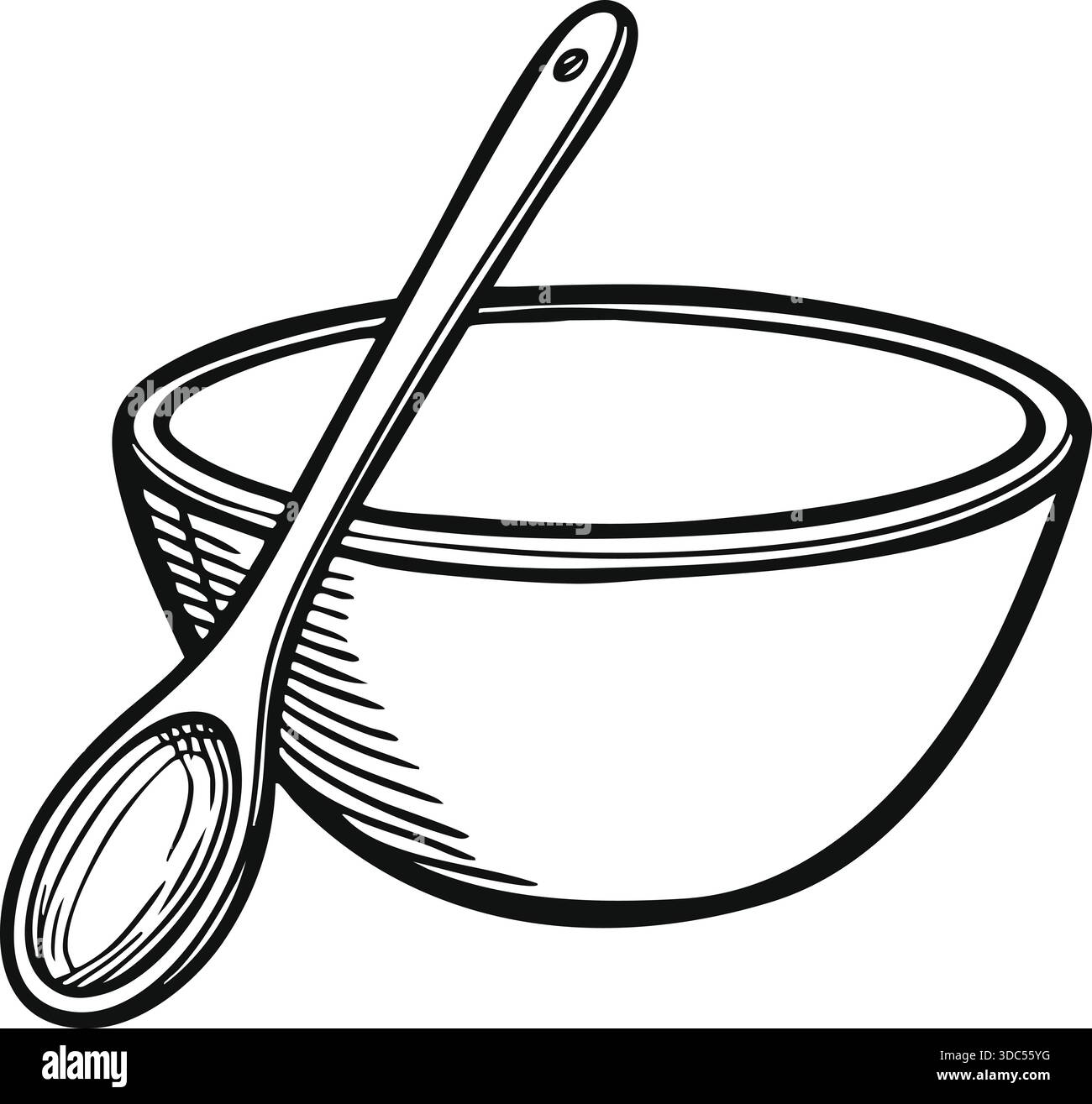 Küchenszene mit einer runden Rührschüssel und einem Löffel in kräftigen Linien. Stock Vektor