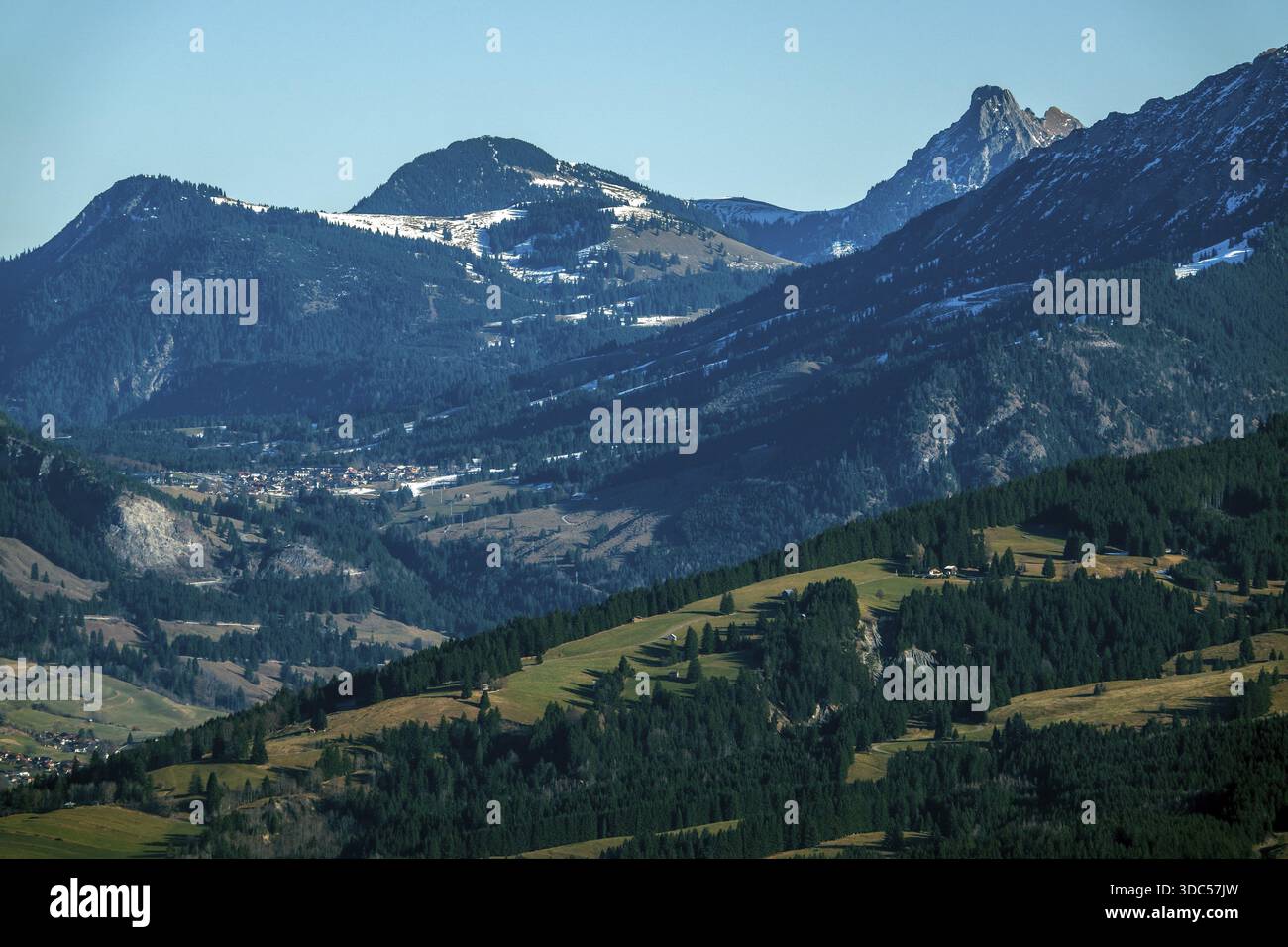 Blick vom Bolsterlanger Horn auf die Berge der Allgäuer Alpen, Bolsterlang, Oberstdorf, Oberallgäuer, Allgäuer, Bayern, Deutschland Stockfoto