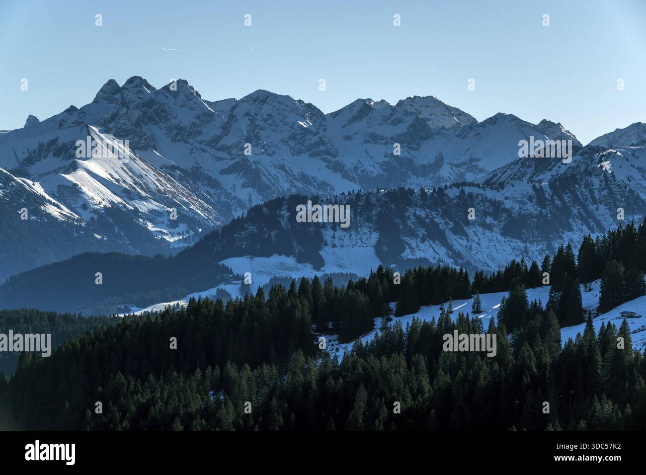 Blick vom Höhenwanderweg vom Bolsterlanger Horn zum Riedberger Horn, schneebedeckte Berge der Allgäuer Alpen mit der Trettachspitze an Stockfoto