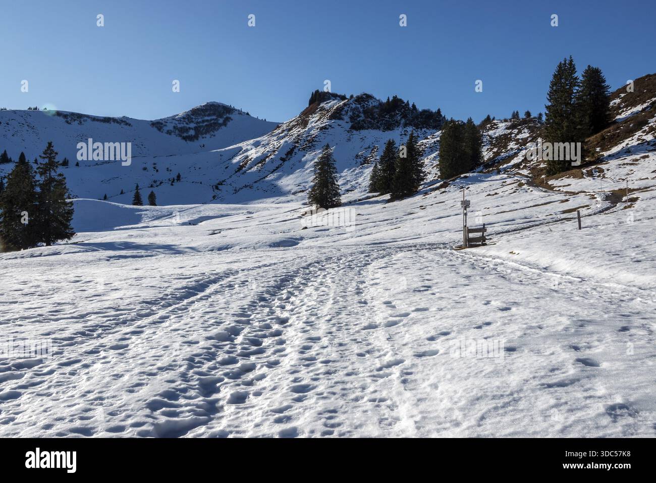 Höhenwanderweg vom Bolsterlanger Horn zum Riedberger Horn, schneebedeckt, hinter Riedbergerhorn, Bolsterlang, Oberstdorf, Oberallgaeu, Allg Stockfoto