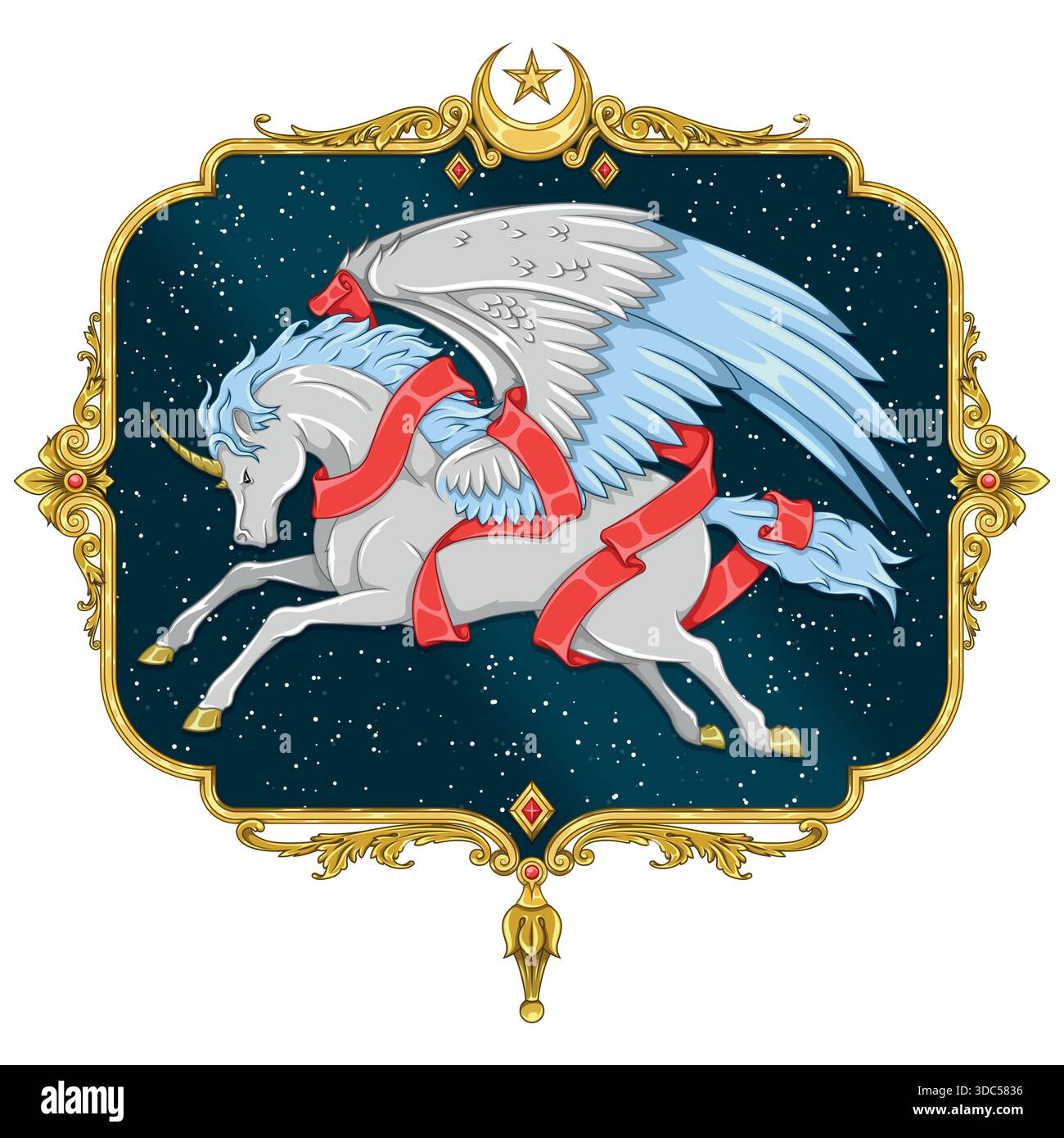 Pegasus mit Band und viktorianischem Dekor, geflügeltes Pferd aus der griechischen Mythologie, geflügelte Fantasy-Kreatur, geflügeltes Einhorn Stock Vektor