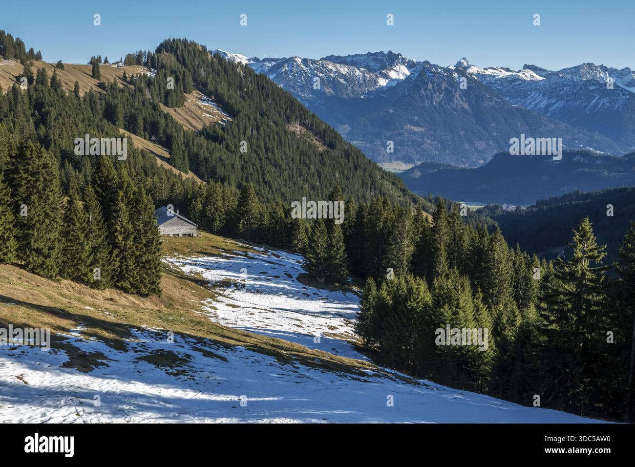 Blick vom Höhenwanderweg vom Bolsterlanger Horn zum Riedberger Horn, schneebedeckten Bergen der Allgäuer Alpen, Bolsterlang, Oberstdor Stockfoto