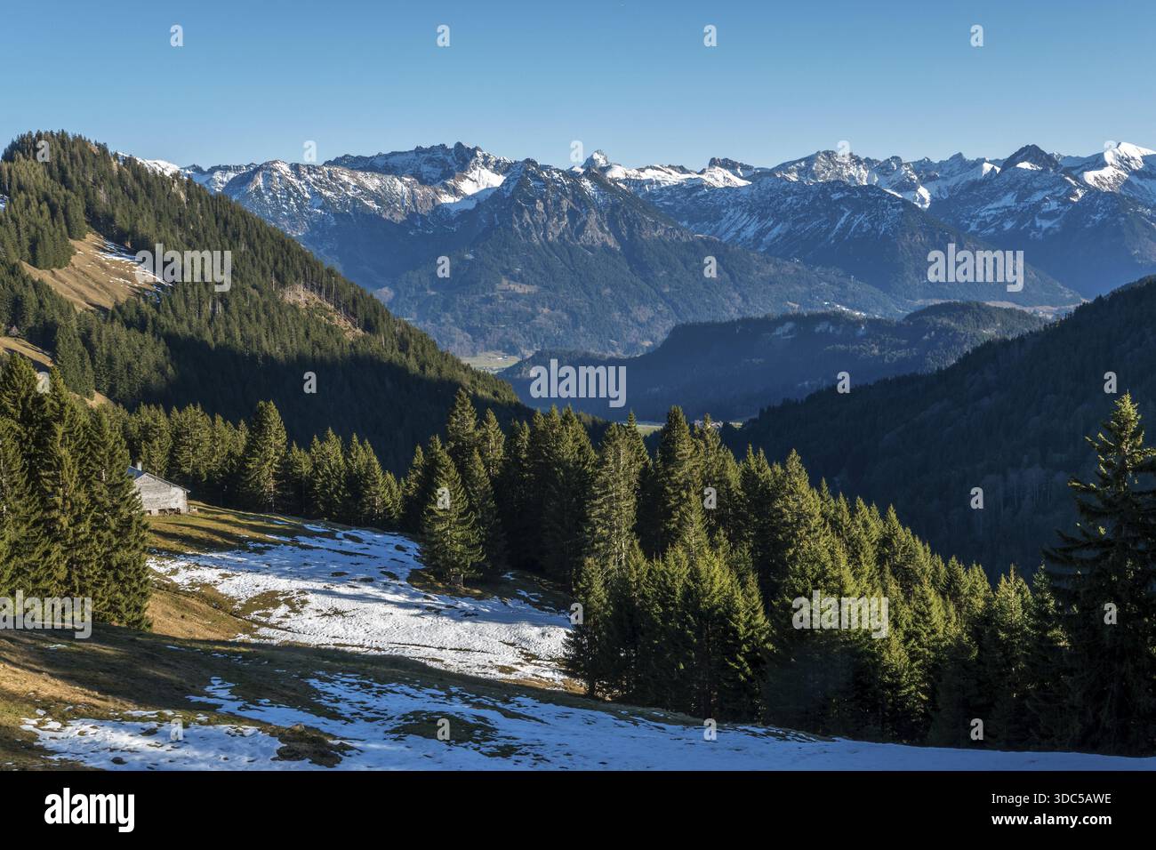 Blick vom Höhenwanderweg vom Bolsterlanger Horn zum Riedberger Horn, schneebedeckten Bergen der Allgäuer Alpen, Bolsterlang, Oberstdor Stockfoto