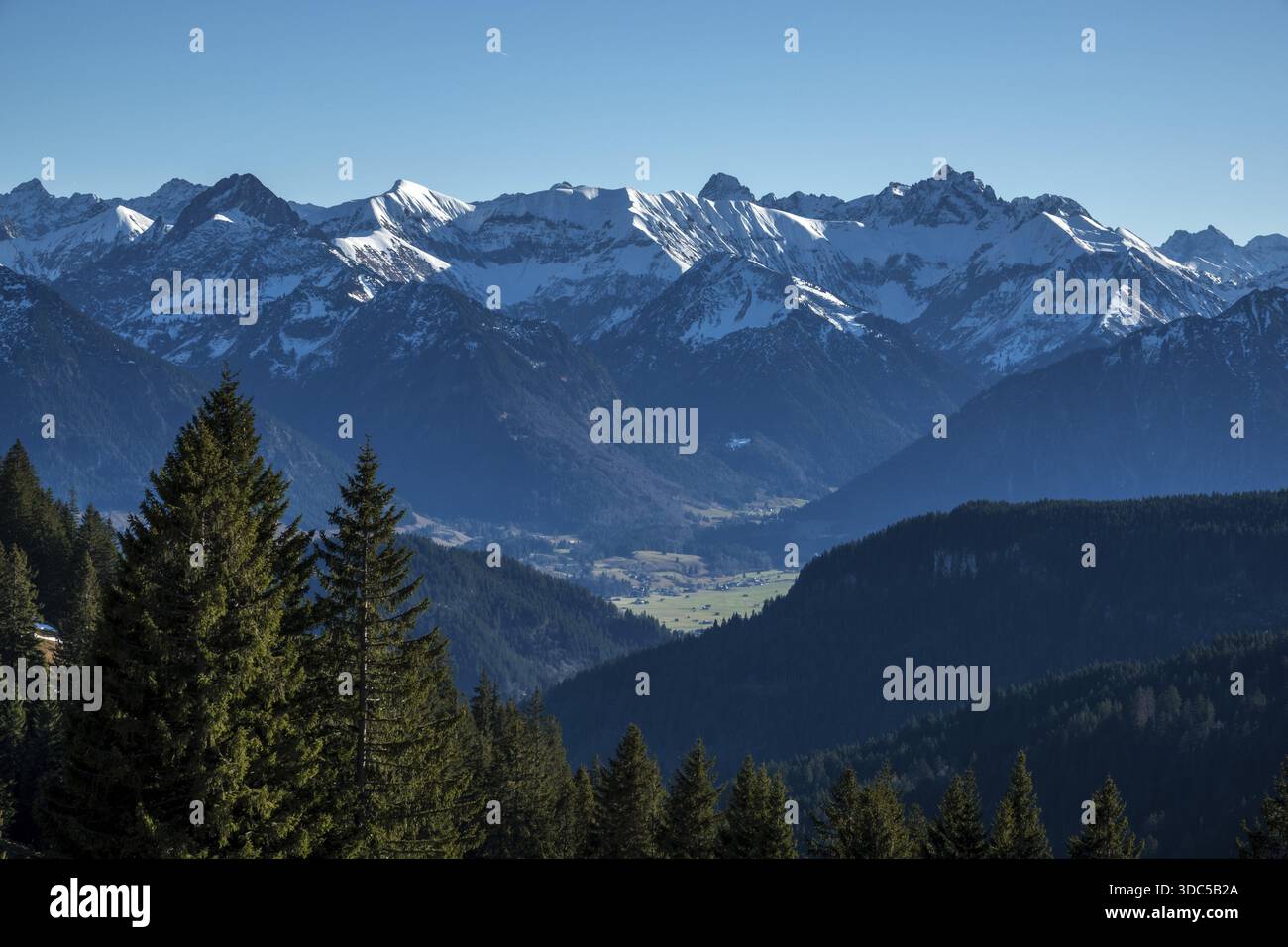 Blick vom Höhenwanderweg vom Bolsterlanger Horn zum Riedberger Horn, schneebedeckten Bergen der Allgäuer Alpen, Bolsterlang, Oberstdor Stockfoto