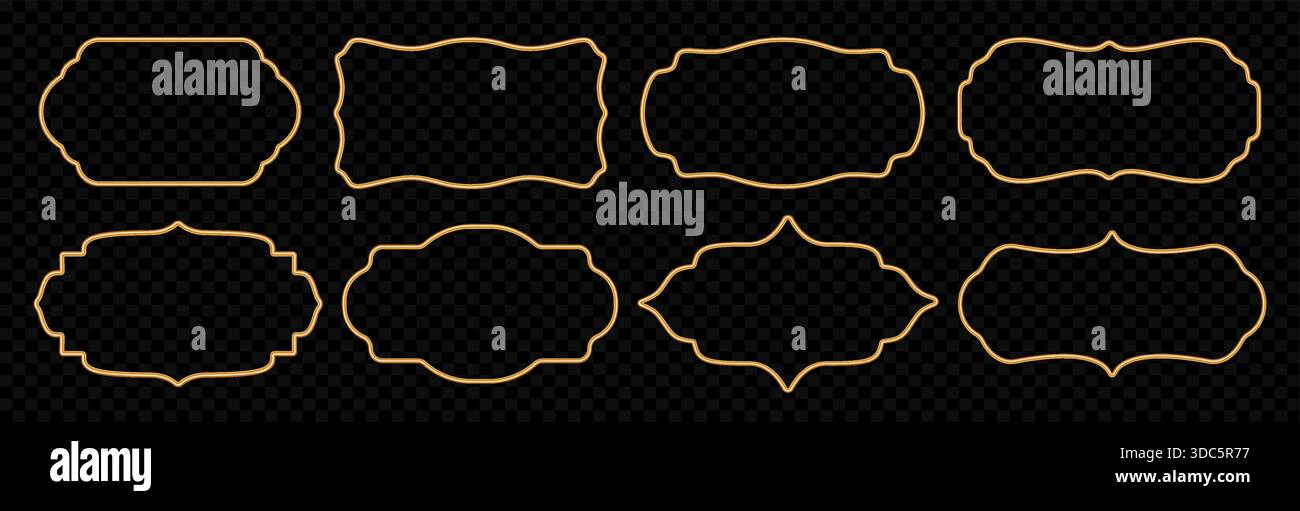 Goldenes 3D-Rahmenset. Dekorative orientalische Grenze, islamische Fensterform, muslimische Zertifikatrahmen, Abzeichen, luxuriöse dekorative Elemente. Vektor Stock Vektor