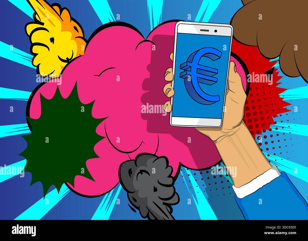 Cartoon-Smartphone, Comic-Buch-Telefon mit Euro-Zeichen. Retro-Vektor-Comics Pop-Art-Design. Stock Vektor