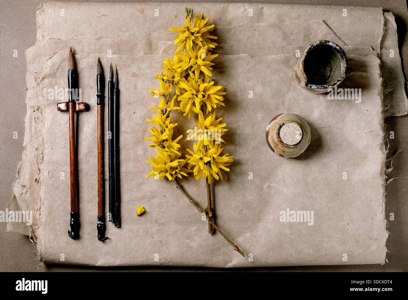 Künstlerische Komposition mit Kalligraphiebürsten gelber Forsythia-Zweig-Tintentopf auf beigem strukturiertem Maulbeerpapier. Traditionelle asiatische Malerei Vorräte AR Stockfoto