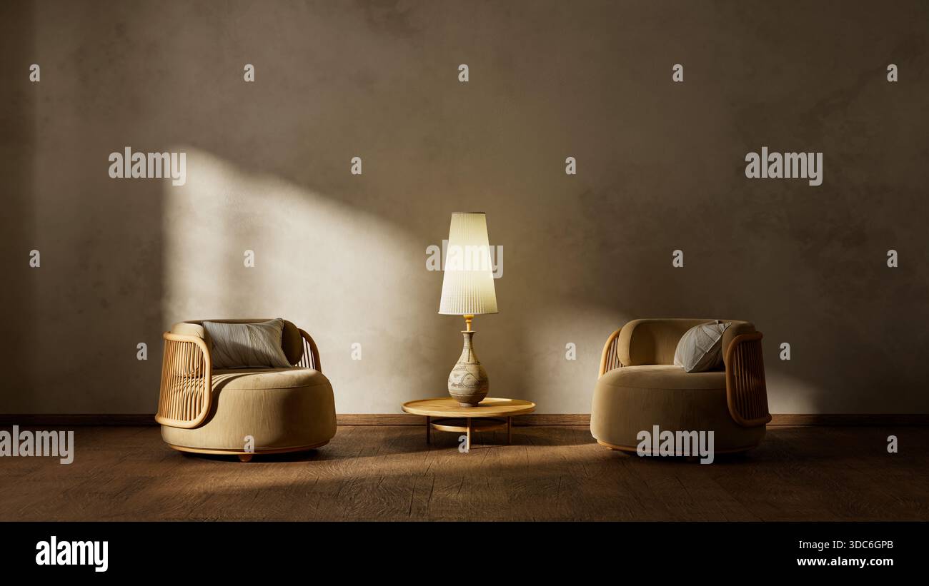 Elegante Sitzmöbel, diffuses Lampenlicht und natürliche Materialien bilden eine ruhige, minimale Ecke mit großzügigem Negativraum für moderne visuelle Ausstattung Stockfoto
