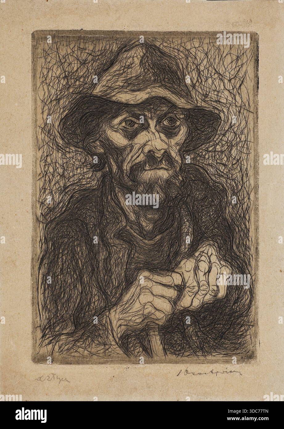 Ein ausdrucksstarkes, geätztes Porträt eines Landbauers mit Hut, dargestellt mit verwitterten Händen und tief gefütterten Elementen. Das dichte, wirbelnde Linienwerk betont Alter, Not und die würde des ländlichen Lebens in der polnischen Grafik des frühen 20. Jahrhunderts. Stockfoto