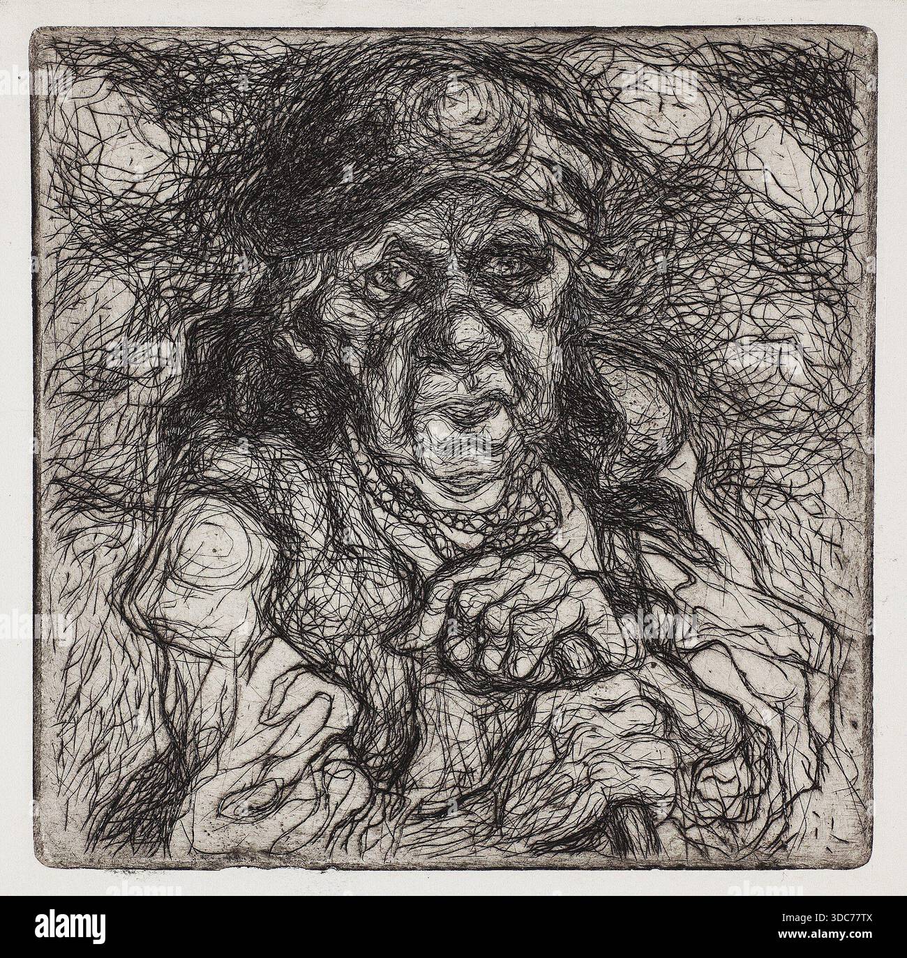 Ein ausdrucksstarkes, geätztes Porträt einer älteren Landfrau, das tief gesäumte Gesichtszüge und gefesselte Hände zeigt und mit dichten, wirbelnden Linien versehen ist, die typisch für die europäische Grafik des frühen 20. Jahrhunderts sind. Kunstwerk aus dem Jahr 1932. Stockfoto
