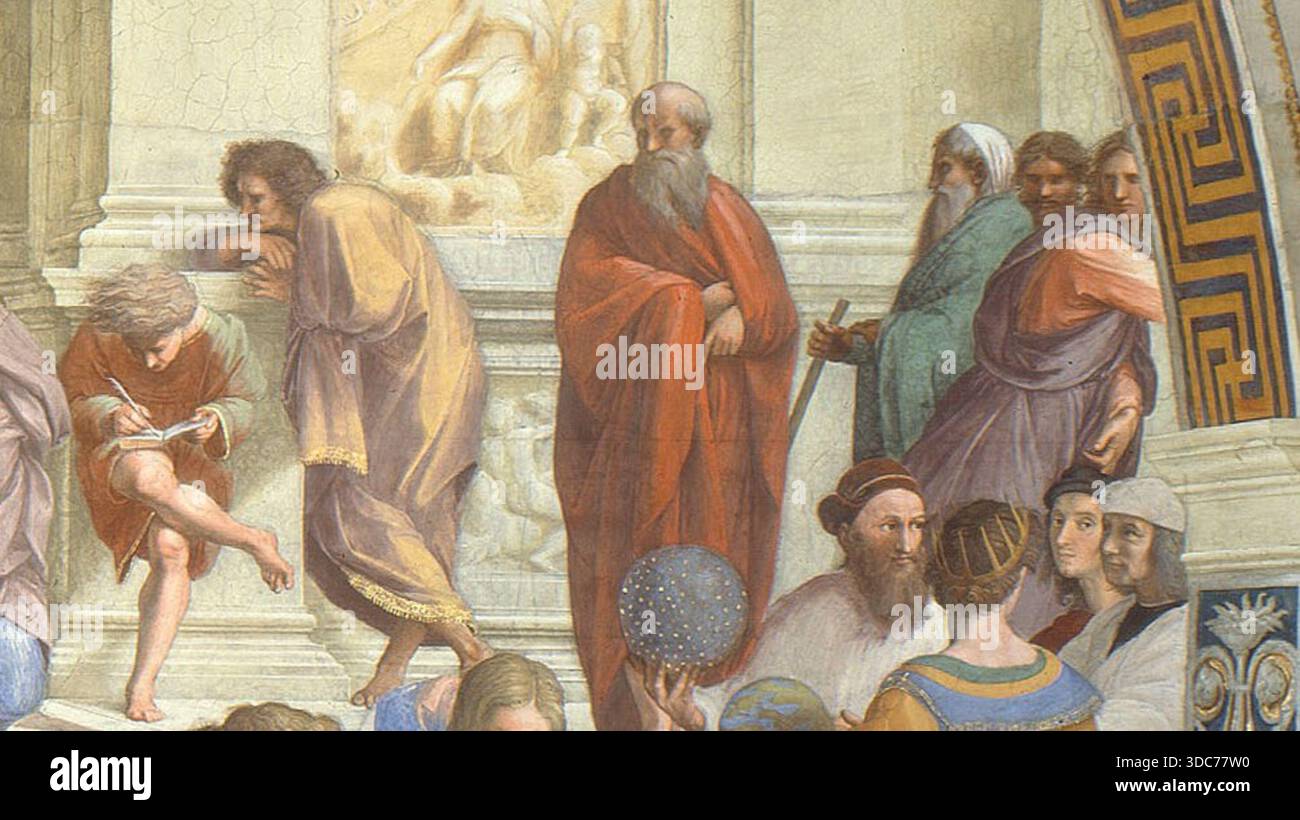 Skeptiker an der Schule von Athen. Detail aus der Schule von Athen von Raphael, die eine Gruppe zeigt, die traditionell als altgriechische Skeptiker identifiziert wurde: Pythodorus, Arcesilaus von Pitane, Karneaden von Kyrene, Pyrrho von Elis, Timon von Phlius, und Theodorus der Atheist, dargestellt in der Diskussion im Vatikanischen Fresko, gemalt 1509–1511. Stockfoto