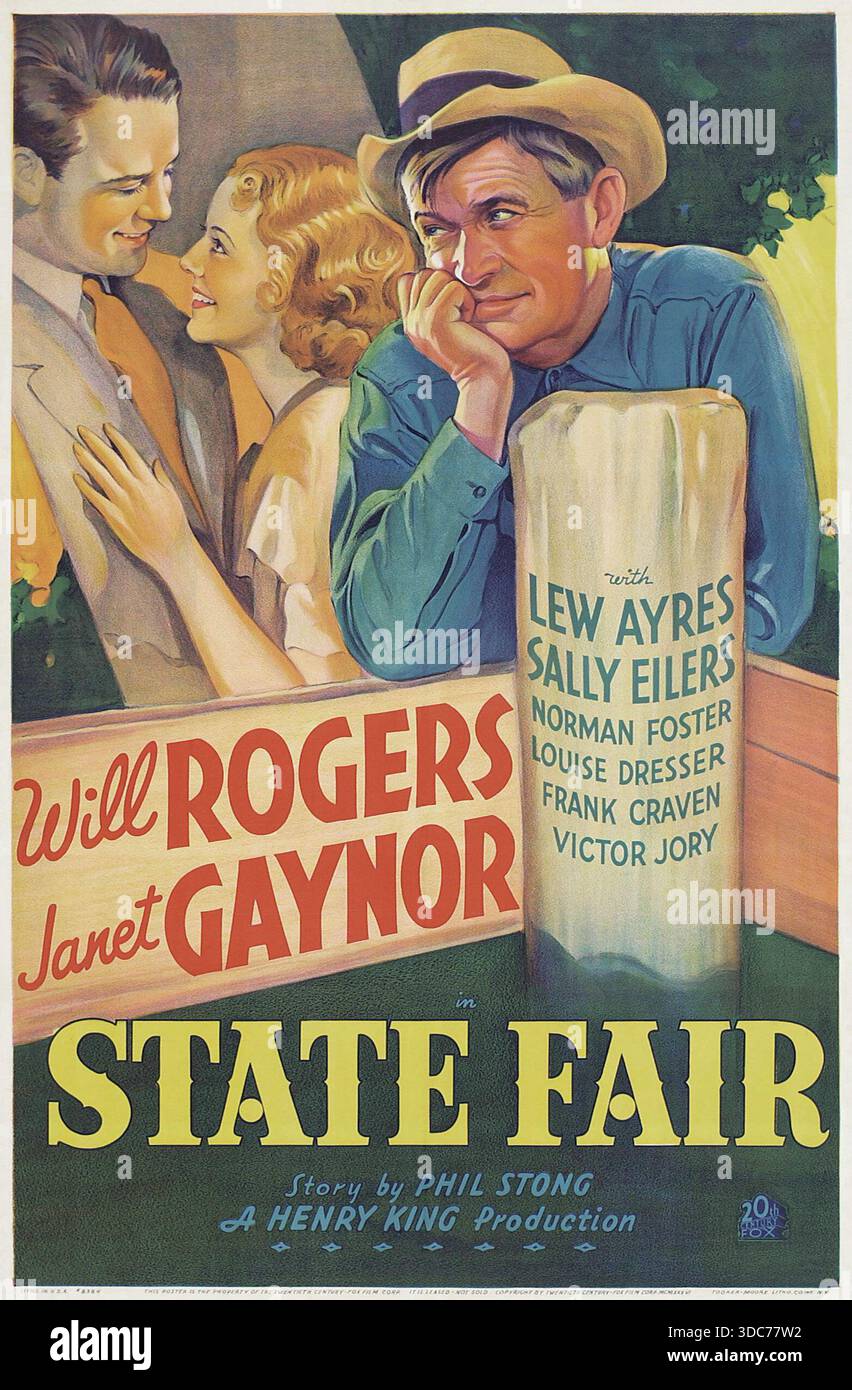 Historisches Illustrationskunstwerk des theatralischen Veröffentlichungsposters für den Film State Fair 1933, mit illustrierten Porträts der Hauptfiguren und prominenten Darstellern, die das frühe Kinobild der Klangerzeit fördern sollen. Vintage-amerikanisches Filmplakat aus dem Jahr 1933, das den Hollywood-Werbestil des Golden Age widerspiegelt. Stockfoto