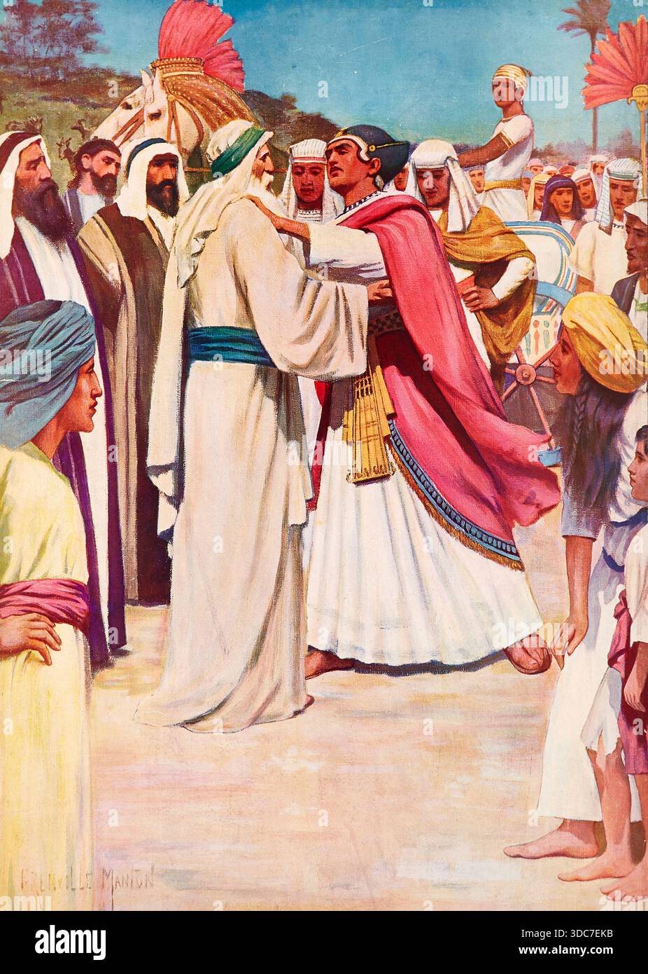 Szene aus der biblischen Geschichte: Das Treffen von Jakob und Joseph ist ein zentrales Ereignis in der Bibel, bei dem der getrennte Vater und Sohn nach mehr als 27 Jahren in Ägypten (dem Land Goshen) wieder vereint werden. Authentische Reproduktion einer Schulplakette, historisch, um 1900. Stockfoto
