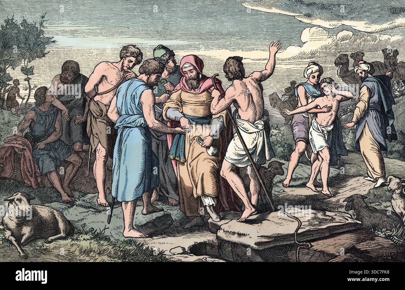 Szene aus der biblischen Geschichte: Joseph wird in Ägypten von seinen eifersüchtigen Brüdern in die Sklaverei verkauft, nachdem sie ihn in eine Zisterne geworfen haben, weil er der Lieblingssohn ihres Vaters Jakob war. Authentische Reproduktion einer Schulplakette, historisch, um 1900. Stockfoto