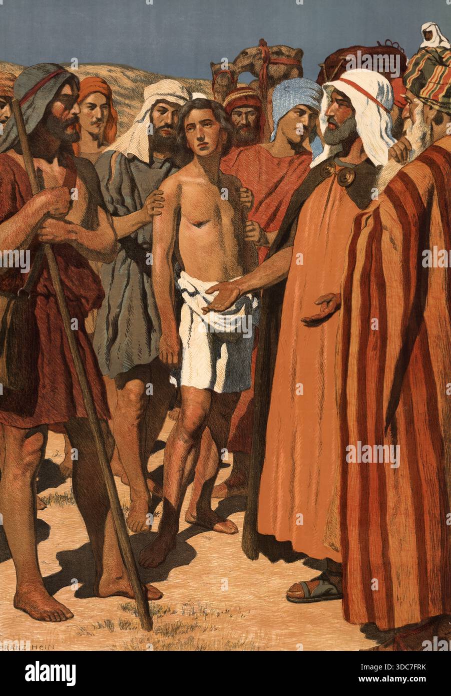 Szene aus der biblischen Geschichte: Joseph wird in Ägypten von seinen eifersüchtigen Brüdern in die Sklaverei verkauft, nachdem sie ihn in eine Zisterne geworfen haben, weil er der Lieblingssohn ihres Vaters Jakob war. Authentische Reproduktion einer Schulplakette, historisch, um 1900. Stockfoto
