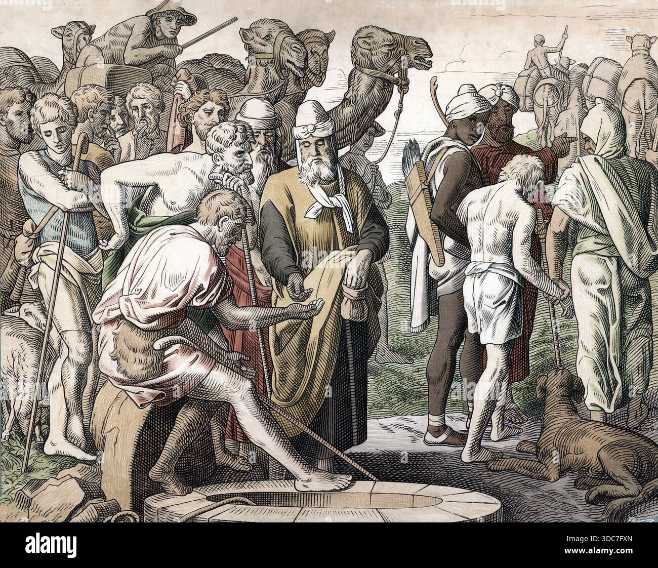 Szene aus der biblischen Geschichte: Joseph wird in Ägypten von seinen eifersüchtigen Brüdern in die Sklaverei verkauft, nachdem sie ihn in eine Zisterne geworfen haben, weil er der Lieblingssohn ihres Vaters Jakob war. Authentische Reproduktion einer Schulplakette, historisch, um 1900. Stockfoto