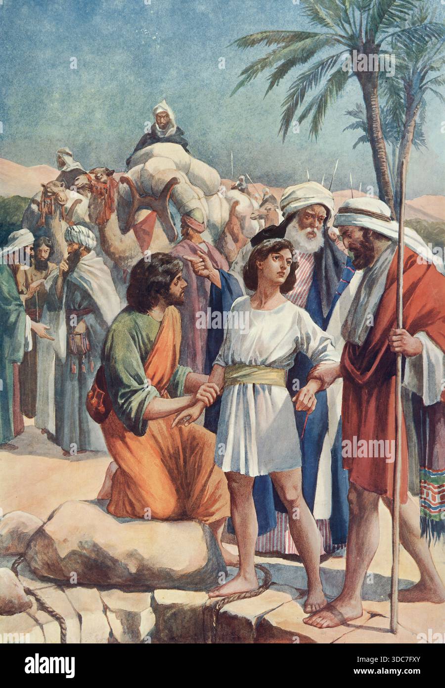 Szene aus der biblischen Geschichte: Joseph wird in Ägypten von seinen eifersüchtigen Brüdern in die Sklaverei verkauft, nachdem sie ihn in eine Zisterne geworfen haben, weil er der Lieblingssohn ihres Vaters Jakob war. Authentische Reproduktion einer Schulplakette, historisch, um 1900. Stockfoto
