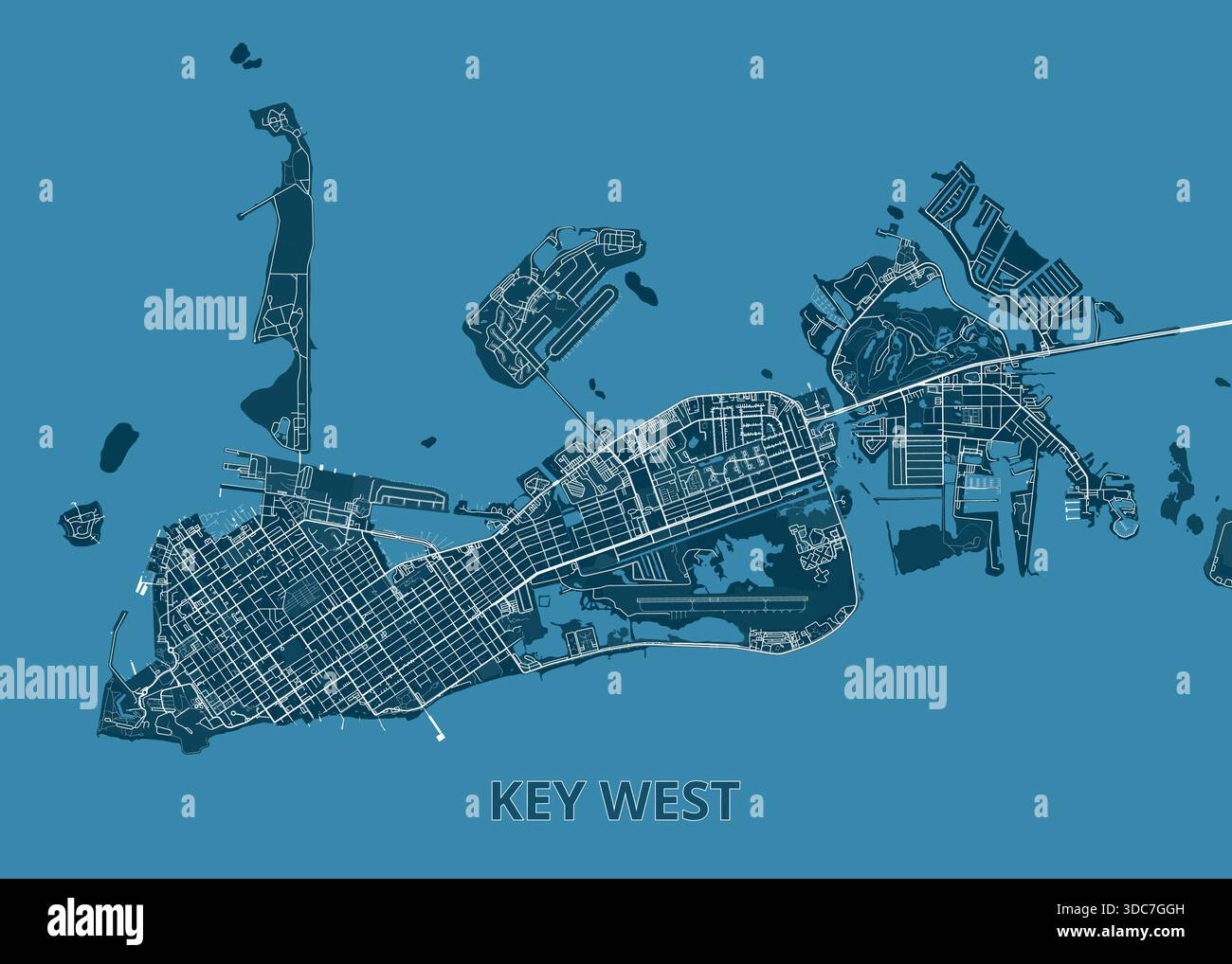 Karte von Key West, Florida. Die Karte ist in einem minimalistischen Stil dargestellt, mit blauem Hintergrund und weißen Linien, die Straßen und Gebäude abgrenzen Stock Vektor