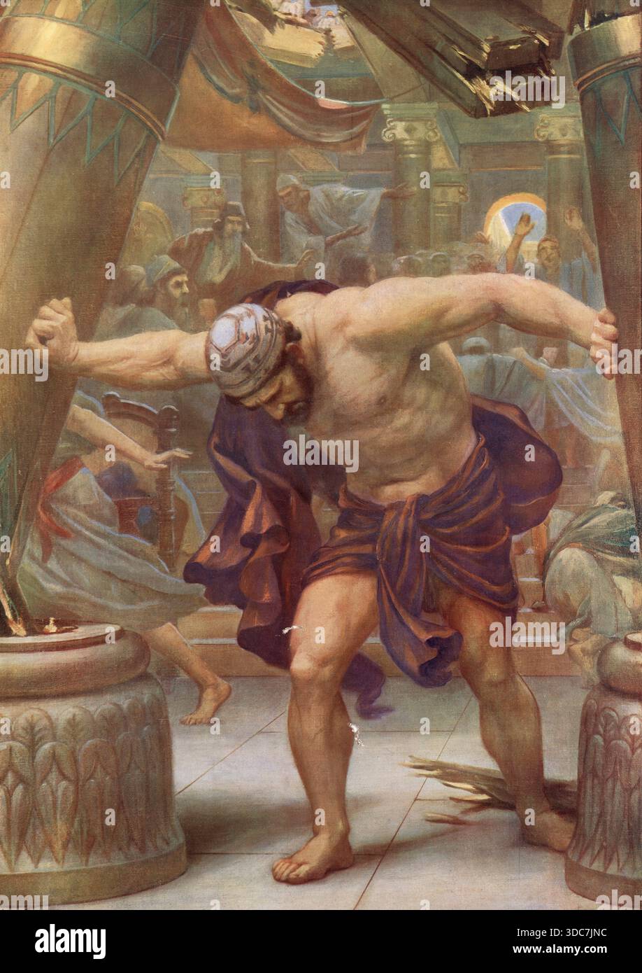 Szene aus der biblischen Geschichte, der Tod von Samson, authentische Reproduktion einer Schulplakette, historisch, um 1900 Stockfoto