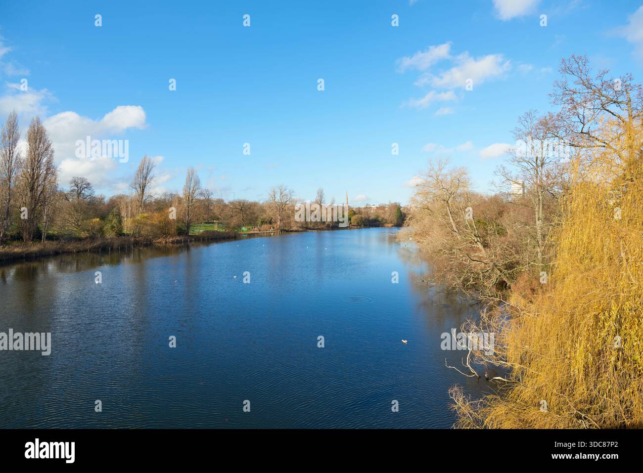 Kensington Gardens and the Long Water, London, Großbritannien, im Winter von der Serpentine Bridge aus Stockfoto