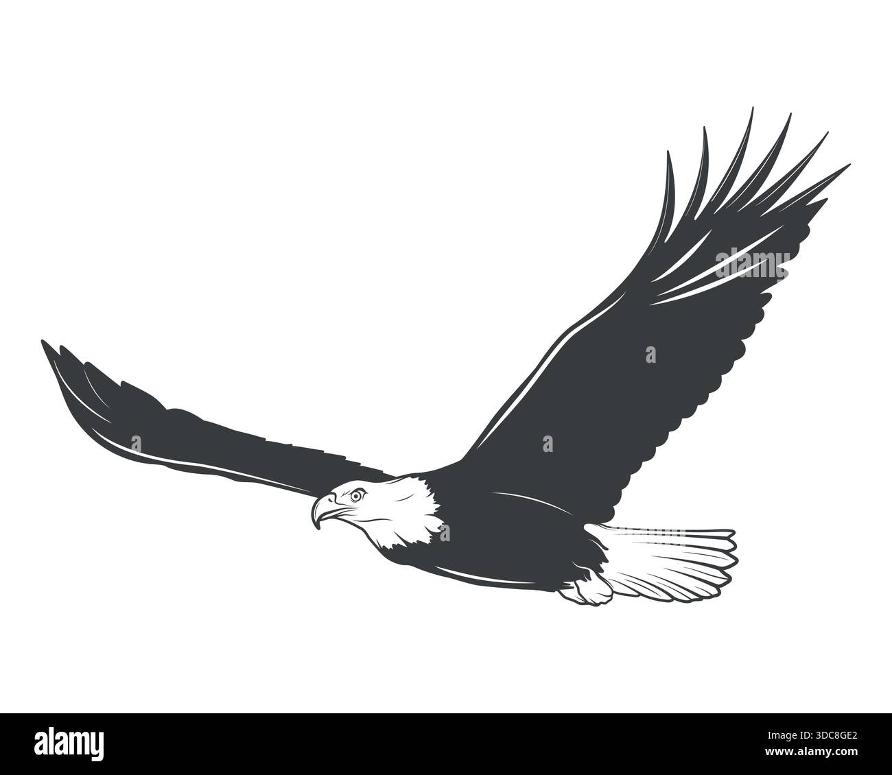 Adler Im Flug. Illustration Des Fliegenden Adlers. Silhouette Des Weißkopfadlers. Raubvogel-Symbol, hoch aufragender Adler, Wildlife Eagle Emblem, Freedom Concept Stock Vektor