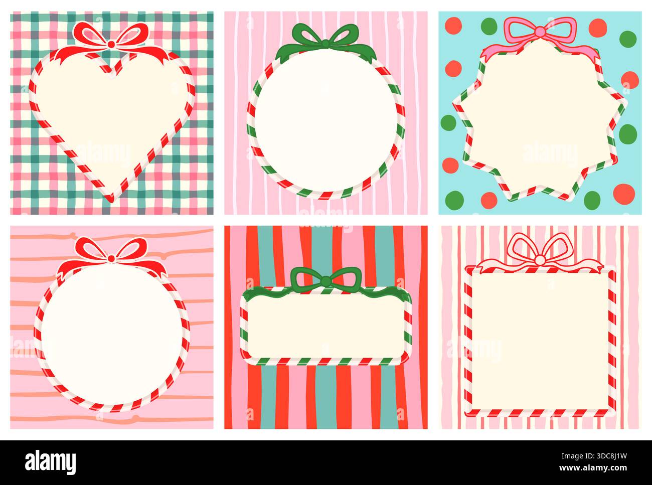 Niedliche Vektor-Zuckerrohr-Rahmen mit Bögen, Herz, Stern, Kreis und quadratischen Rahmen mit verschiedenen gestreiften, Check-and-Dots Hintergründen Stock Vektor