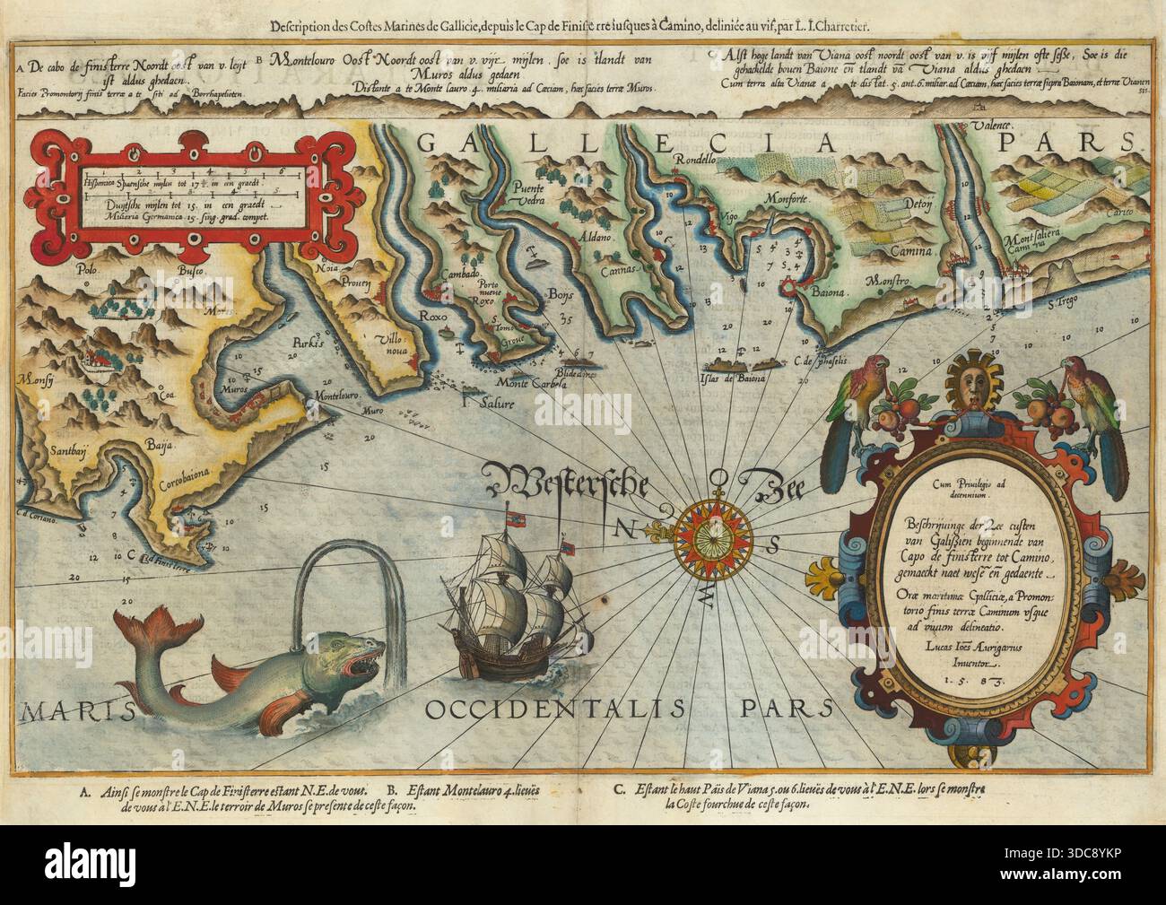 Illustrierte Karte der galizischen Küste, vom Kap Finisterre bis Caminha. Die Karte umfasst Vigo, Pontevedra, Muros, Noia, Ribeira und den größten Teil des Westteils der Nordwestküste Spaniens. Alte historische Karte. 1583 von Lucas Janszoon Waghenaer Stockfoto