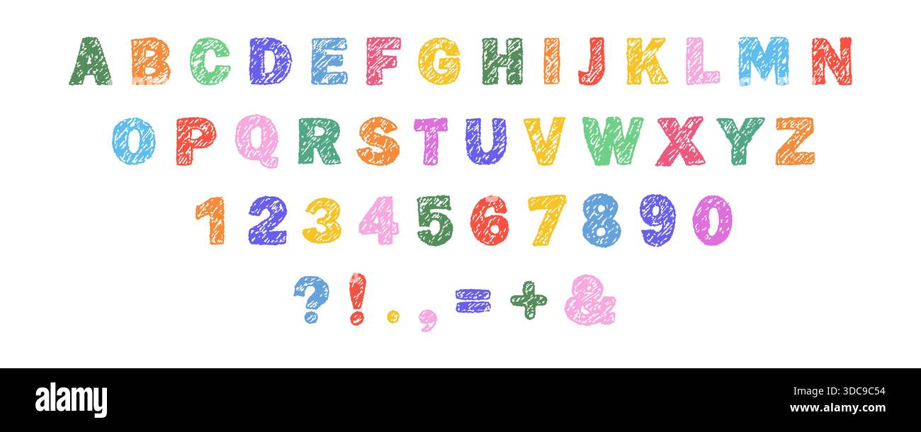 Buntstift mit englischem Alphabet. Bunte und fett gedruckte Schriftart. Handgezeichnete Bleistiftbuchstaben und -Zahlen. Vektorabbildung Stock Vektor