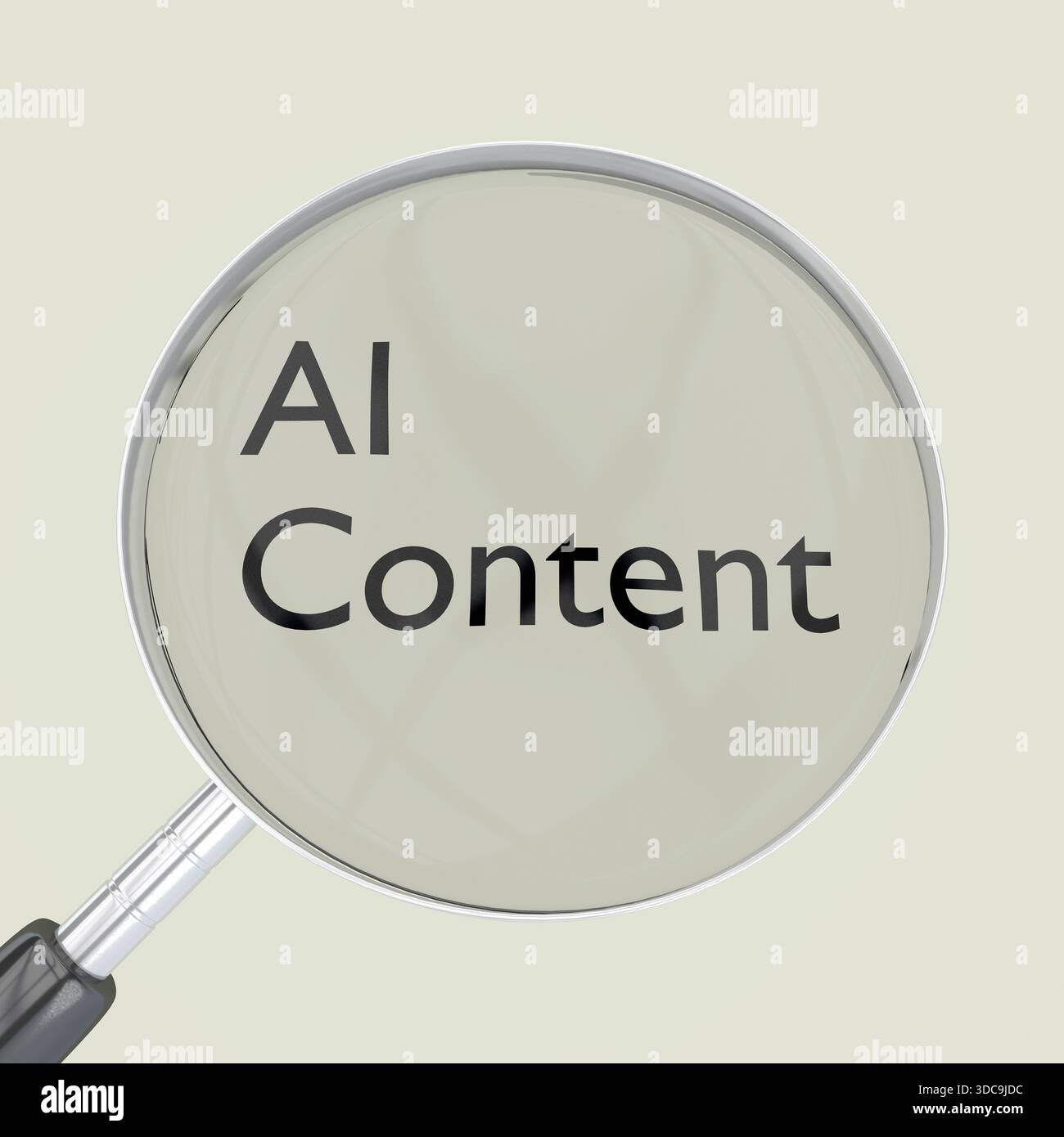 3D-Illustration der Lupe über dem Text AI Content. Stockfoto