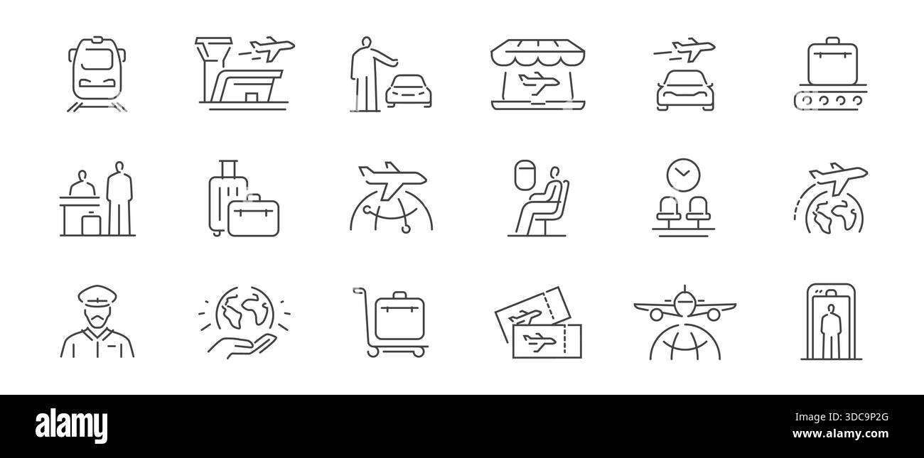 Airport-Symbolgruppe. Fluggesellschaften, Flugzeugschild. Tourismus- und Reisesymbole, Piktogramme für Web, mobile App und Infografiken Stock Vektor