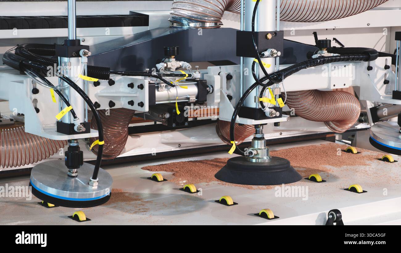 Große industrielle Schneidemaschine für Holz- und Spanplattenplatten für die Möbelproduktion, industrielles Holzbearbeitungsmöbel Produktionskonzept Stockfoto