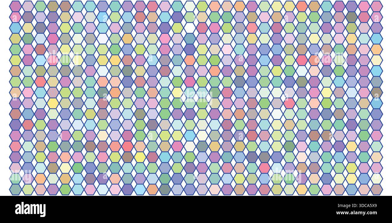 Ein dicht gepacktes, nahtloses Gitter aus sechseckigen Formen, gefüllt mit einer Vielzahl von weichen Pastellfarben und in konsistentem Blau umrandet. Stock Vektor