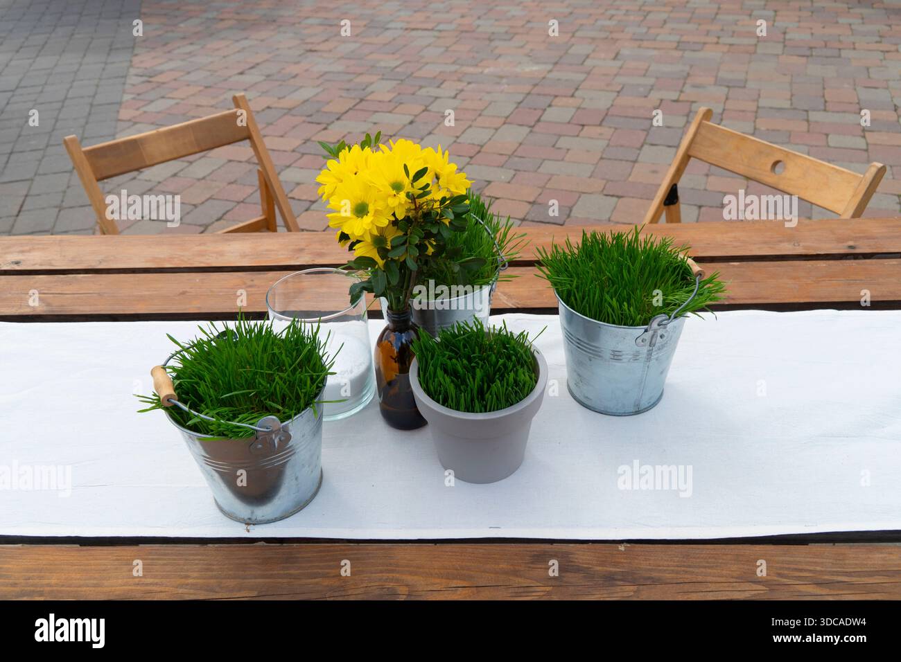 Holztisch mit gelben Chrysanthemen und frischem grünem Gras in kleinen Zinkeimern auf einer weißen Läuferterrasse Stockfoto
