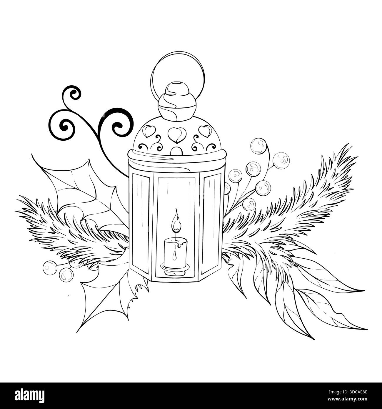 Holiday Laterne mit Kerze und festlicher Gründekoration, die den charmanten Wintergeist und das elegante Skizzierdesign für die Feiertagskunst und saisonale Gestaltung offenbart Stock Vektor