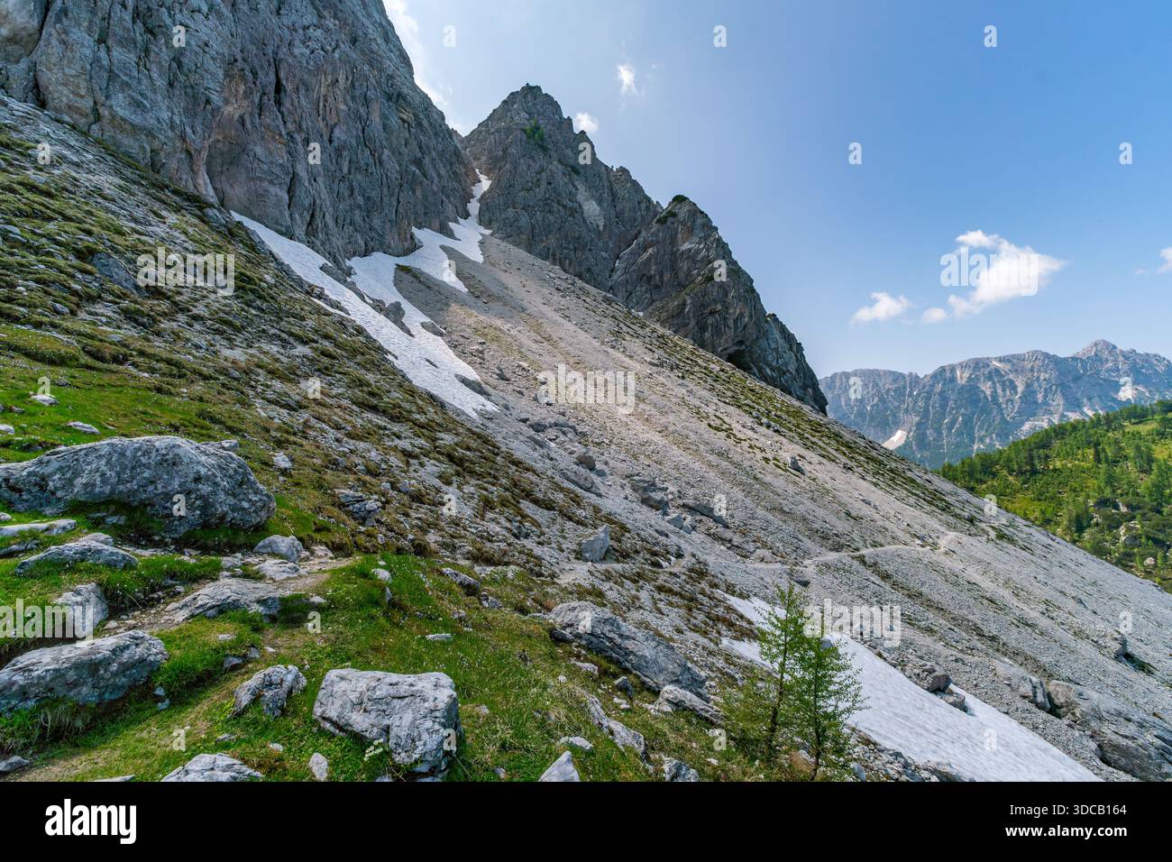 Ein atemberaubender Bergaufstieg zieht unberührte Berghänge, schroffe Gipfel und die ruhige Landschaft des Triglav-Nationalparks unter klarem Himmel ein Stockfoto