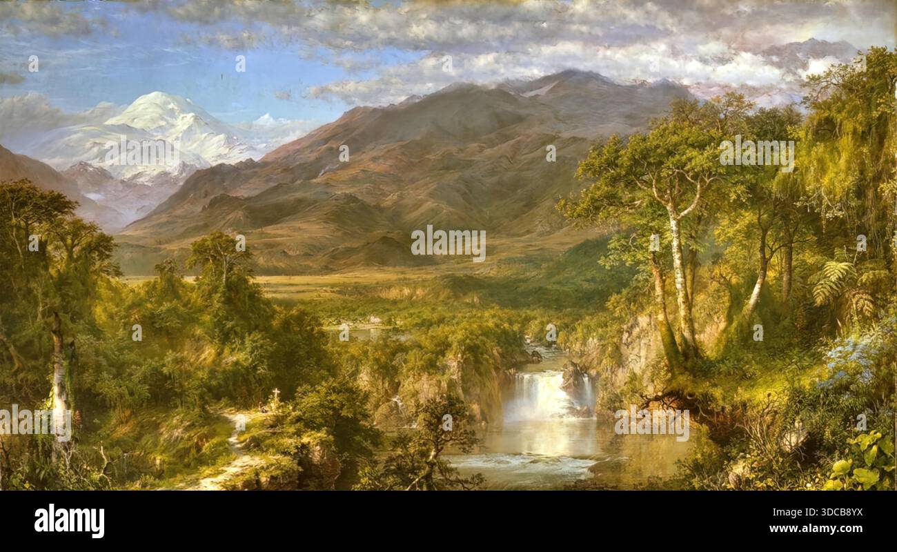 Frederic Edwin Church das Herz der Anden 1859 detaillierte südamerikanische Landschaft mit üppiger Vegetation und romantischer Pracht. Stock Vektor