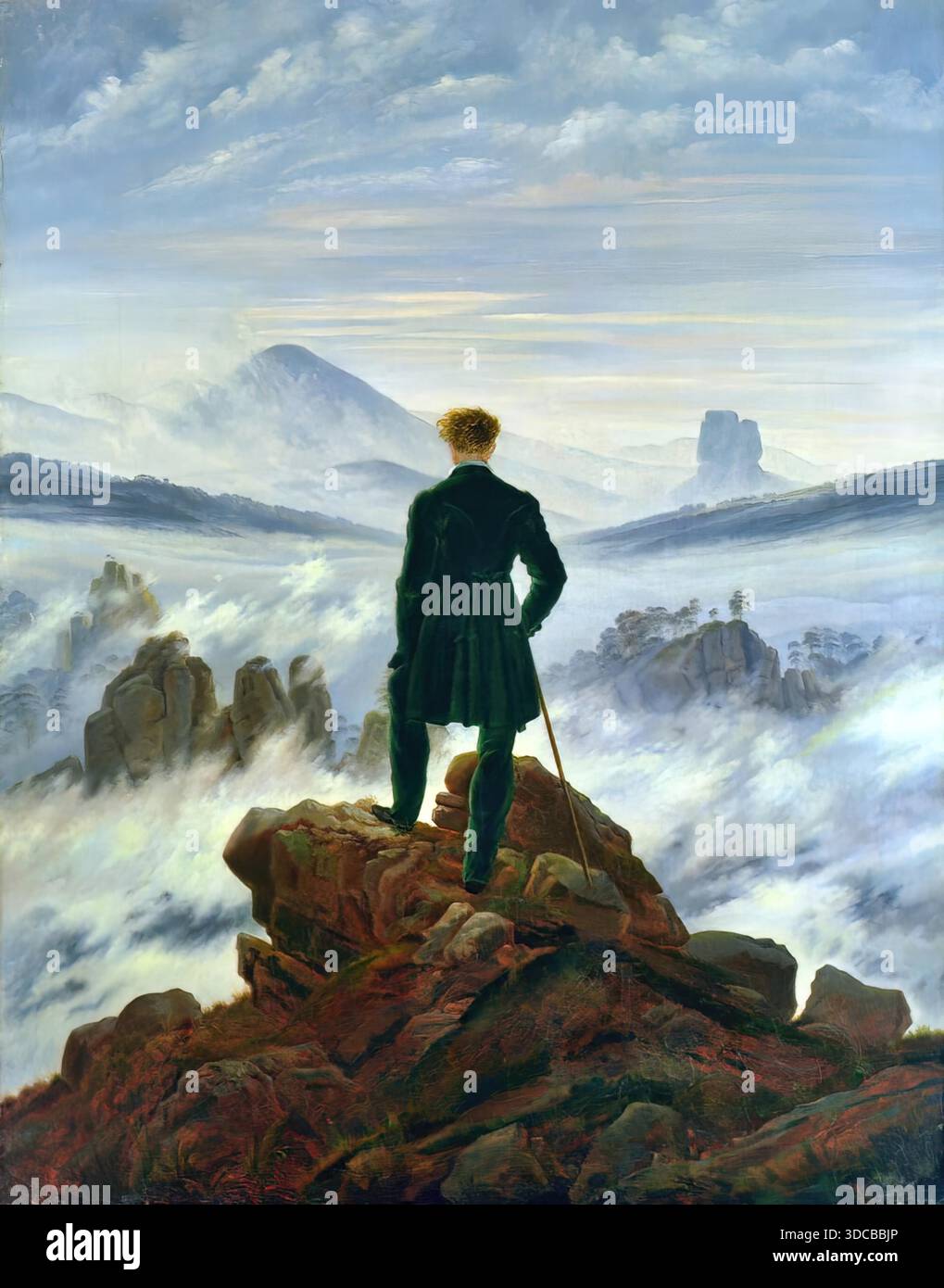 Caspar David Friedrich der Wanderer über dem Nebelmeer aus dem Jahr 1818 Ölgemälde mit einer einsamen Figur auf einem felsigen Abgrund mit Blick auf eine nebelige Landschaft. Stock Vektor