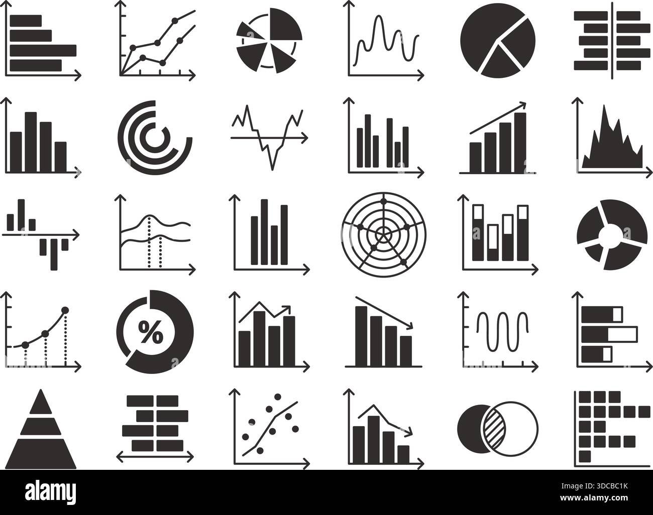 Schablonendiagramm und Diagrammsymbole. Datenanalysediagramm, Diagramme für Geschäftsberichte und Infografik-Elemente, Diagramm für statistische Informationen, Modellvektorsatz Stock Vektor