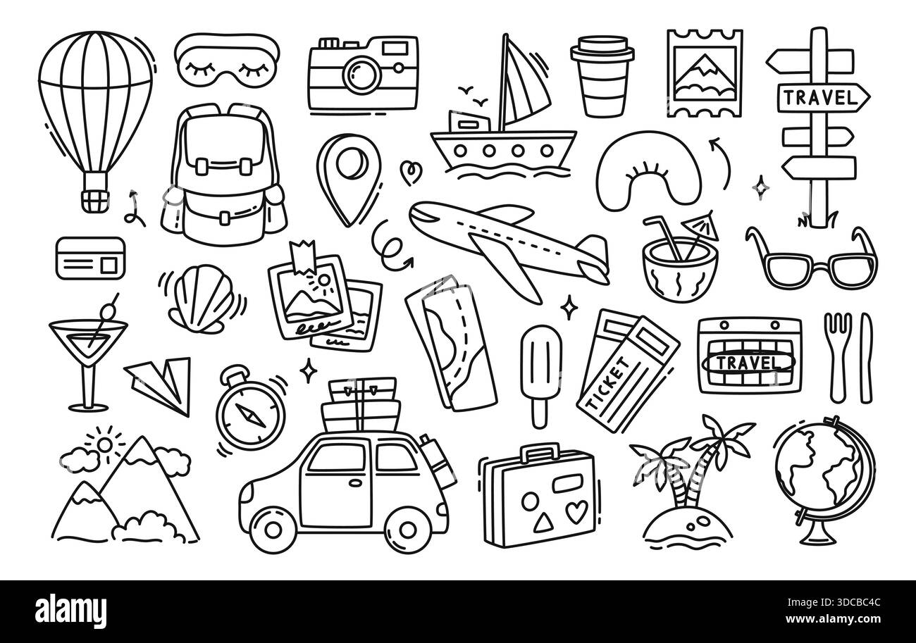 Handgezeichnete Kritzelsymbole auf Reisen. Sommerurlaub Heißluftballon und Kamera, Segelboot und Karte. Koffer und Rucksack, Kompass und Ticket für den Urlaub Stock Vektor