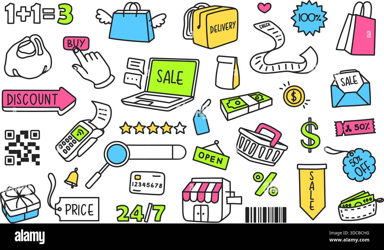 Shopping-Kritzelsymbole. E-Commerce, Online-Einzelhandelssymbole. Tasche, Barcode und Zahlungsterminal für Marketing und Verkauf. Vektor für Website-Banner festgelegt Stock Vektor