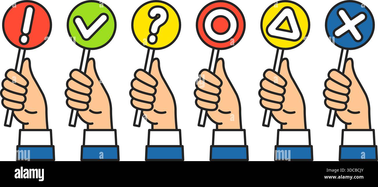 Antwortkarten mit Scheck-, Kreuz- und Fragesymbolen für japanische Quiz-, Umfragen- und Abstimmungsentscheidungen im Unterricht oder im Training. Feedback Stock Vektor