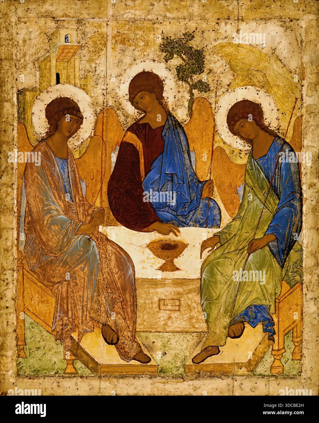 Andrei Rublev Heilige Dreifaltigkeit 1427 Tempera auf der Tafelikone, die drei Engel mit harmonischer Komposition und spiritueller Gelassenheit darstellt. Stock Vektor