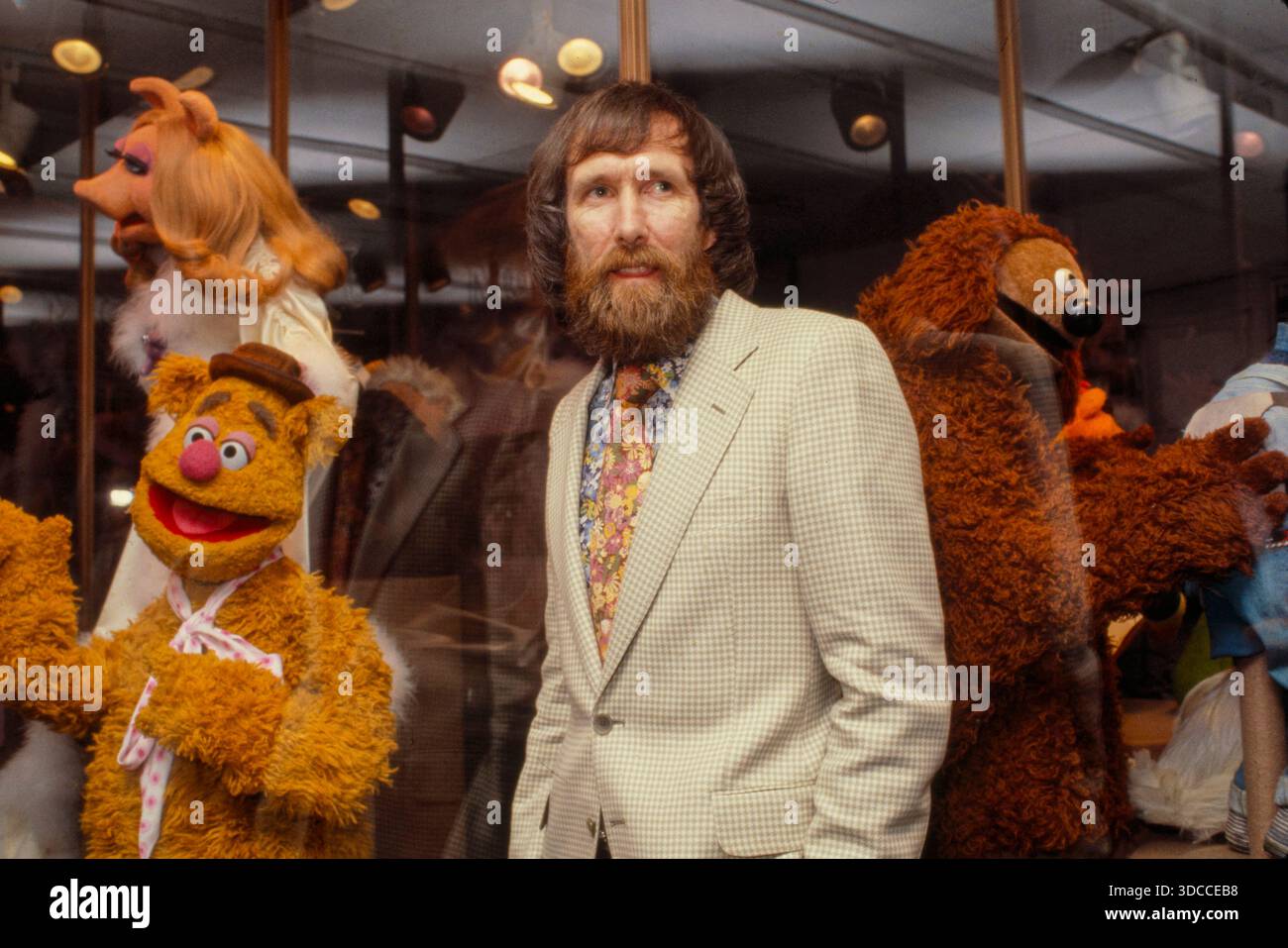 Muppet-Schöpfer Jim Henson umgeben von seinen Kreationen Kermit, Fozzie Bear und Miss Piggy, die die Magie von Hensons Werk symbolisieren. Foto von Bernard Gotfryd Stockfoto