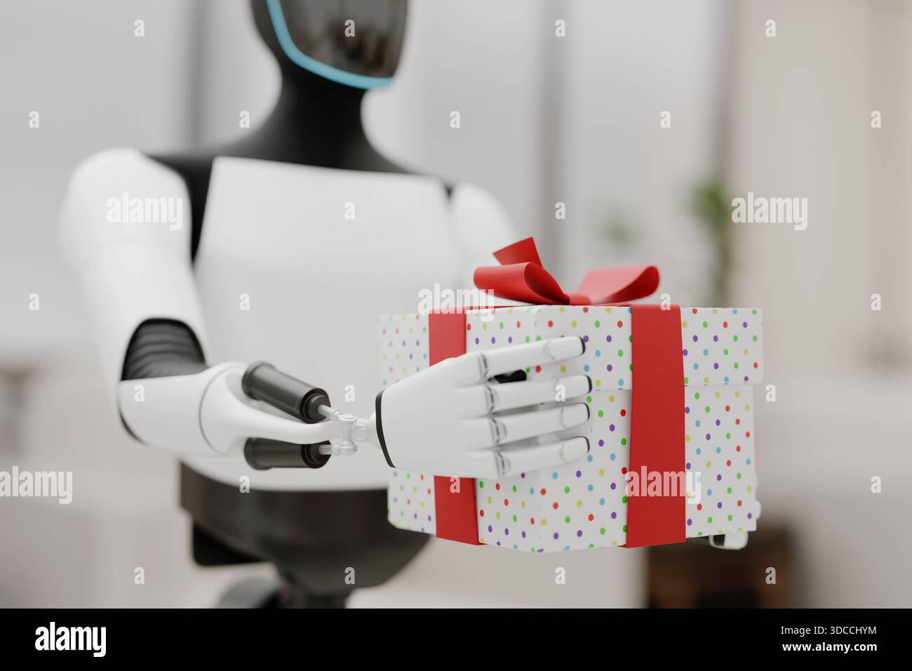Nahaufnahme eines schlanken, weiß-schwarzen Roboters mit einem hellen Punktpräsent. Steht für automatisierten Service, High-Tech-Bereitstellung oder Geschenke mit Artif Stockfoto
